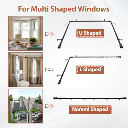 Bay Window U Shaped Curved Curtain Rods, 59-184 Inches, 1 Inch Diameter Heavy Duty Black, Adjustable for Bedroom, Living Room, Corner Windows by DEROFIT - Image 4
