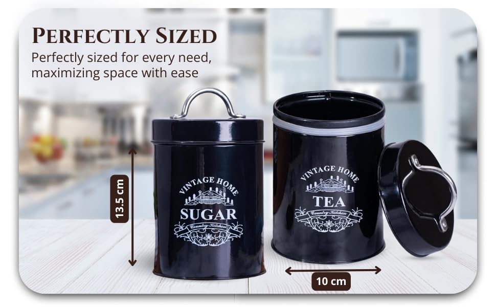 Image of Metallure Home Round Classic Tea Sugar Container Set of 2 | Metal Container for Kitchen Storage | Airtight Jar Set | Food-Safe Tea Jars for Kitchen (Black)
