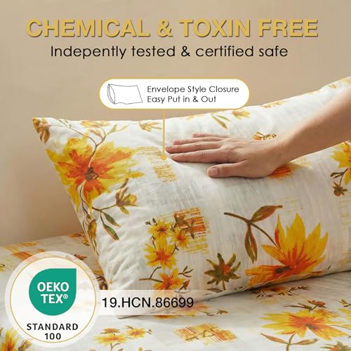 Image of JSD Rustic Yellow Floral Printed Queen Sheet Set Extra Deep Pocket | 4 Piece Soft Botanical Microfiber Sheets, OEKO-TEX Certified, Easy Care