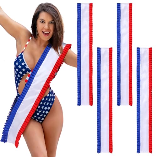 Newcotte 4 Pack Blank Cowboy Sash with Red White & Blue Frills DIY Sublimation Custom Patriotic Sash for Women Pageant Birthday Citizenship Patriotic Party 4th of July & 250th Anniversary