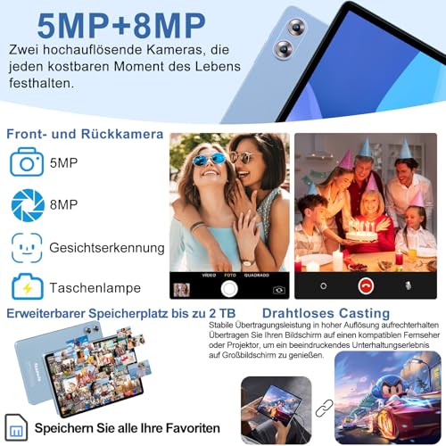 fezawio 10,1 Zoll Android 15 Gaming Tablet Gemini AI 30GB RAM +128GB ROM, Octa-Core 8000mAh, WiFi6, Widevine L1, GMS, 3.5mm Audio, GPS, Face ID mit Tastatur, Maus und Schutzhülle, Blau 5