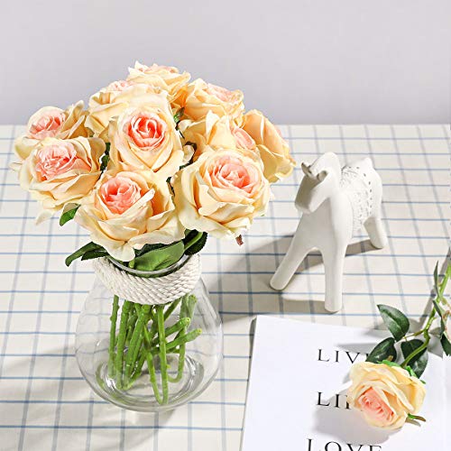 Image of Tifuly 12 PCS Rose Artificial Flower, Single Stem Fake Floral Bridal Wedding Bouquet, Realistic Blossom Flora for Home Garden Party Hotel Office Decorations(Champagne)