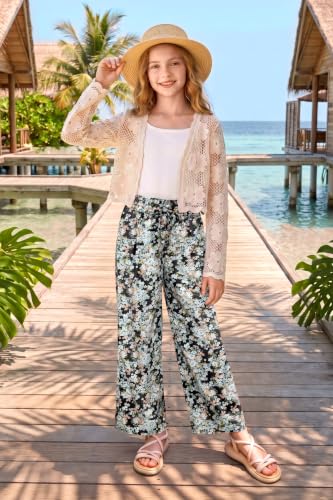 Image of Girls Summer Floral Wide Leg Pants High Waisted Flowy Dress Trousers with Pockets for School Lounge Beach 5-14 Years