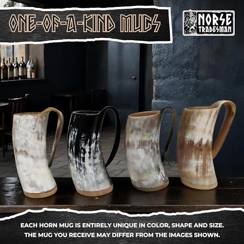 Image of Norse Tradesman Viking Drinking Horn Mug - Darker Color Horn - 100% Authentic Beer Horn Tankard With Hardwood Bottom | Original, approx. 24 oz