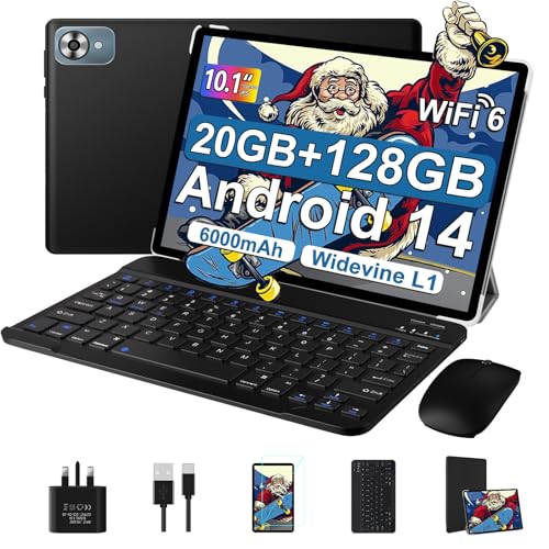 fezawio Android 14 tablet 10 inch 20GB RAM+128GB ROM, eight core tablet WiFi 6, 6000mAh, (1TB TF) tablet with keyboard and mouse+one-year screen rupture insurance —（black）
