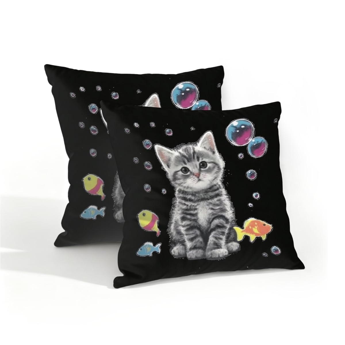 Outdoor Pillow Covers Waterproof Pillowcases 16x16in Set of 2 Cute Tabby Kitten Cat Fish On Black Decorative Throw Cushion Case for Couch Sofa Garden Patio Furniture