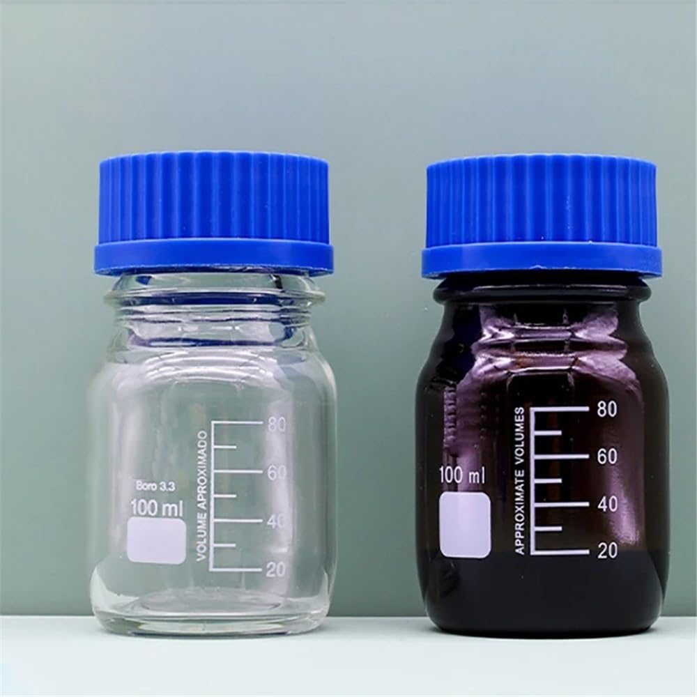 Equipos y suministros de laboratorio Botella de reactivo con tapa azul GL45, transparente, marrón, vidrio borosilicato alta pureza, for experimentos, boca rosca