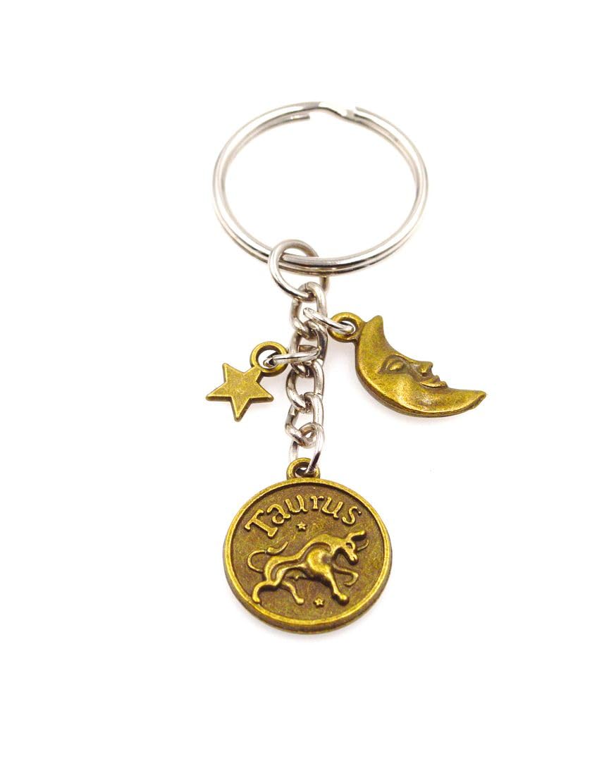 It's All About...You! Bronze Zodiac Sign Moon & Star Keychain Choice of 12 Astrological Signs (Taurus)