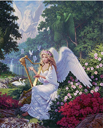 Pintura al óleo por números, para adultos y niños, con ángel, flores, pájaros, números a partir de 5 óleos, arte de pared (ángel, sin marco)