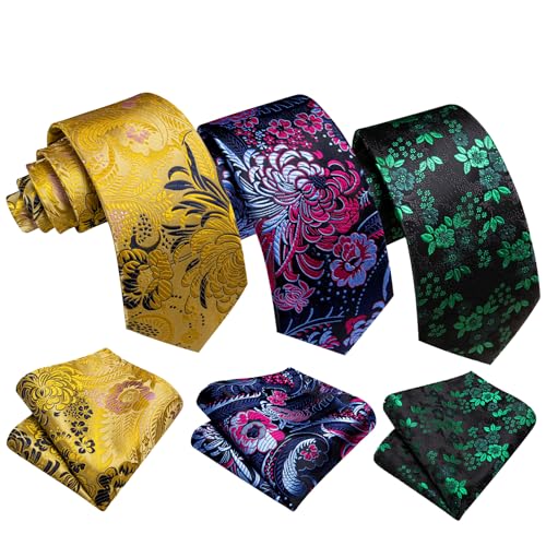 Image of Barry.Wang 6 PCS Men Ties Set Silk Business Fashion Woven Necktie Handkerchief Cufflinks Paisley Stripe Wedding Party