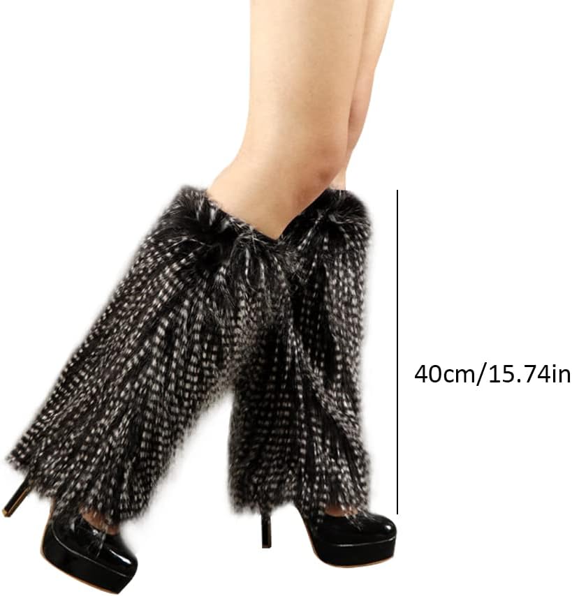 Women's Fuzzy Leg Warmers Winter Furry Faux Fur Heels Long Boots Shoes Cuff Covers for Holiday Costume Party - Image 3
