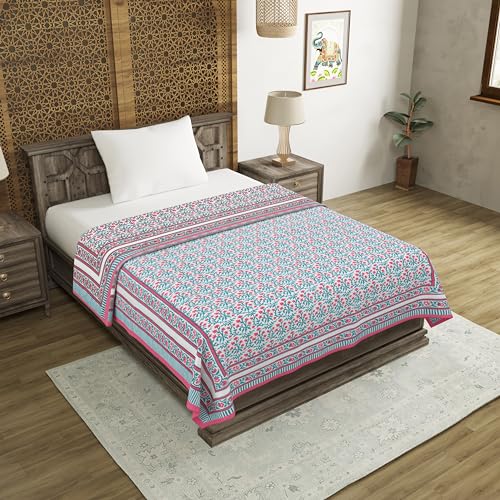 Image of BLOCKS OF INDIA Hand Block Printed Cotton Single Size Reversible Malma Dohar for Summer (Turquoise Pink Jaal, 200 Tc)