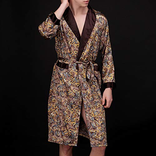 Lu's Chic Men's Satin Kimono Robe Long Sleeve Bathrobe Paisley Spa Bath Soft Knee Length Patterned Lightweight Floral Print Wrap Casual V Neck Pocket Tie Coffee X-Large #TOP4