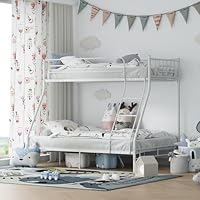 XINBEDEU Triple Bunk Bed Frame for Kids & Adults, Sturdy Metal Bunk Bed 3ft Single Over 4ft6 Double, White Metal Frame with Safety Rail for Children & Teenagers, Space-Saving Design (White, Double)