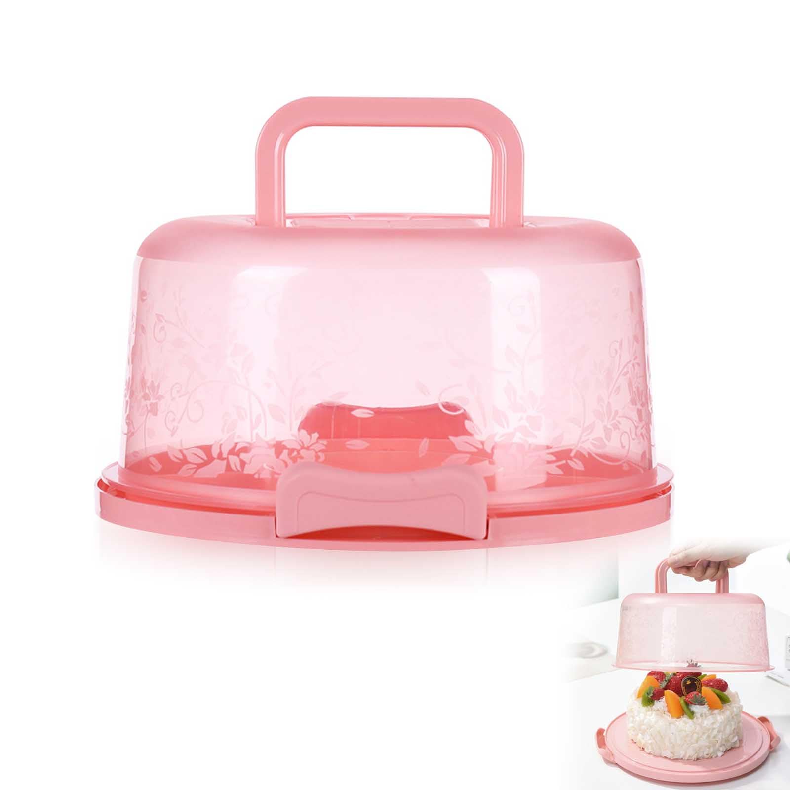 Megcdtr 10 Inch Cake Carrier, Clear Plastic Cake Containers with Collapsible Handle Lid, Cake Storage Container, Portable Cake Container With Locking Buckle for Pies Cupcake Muffins Party (Pink)
