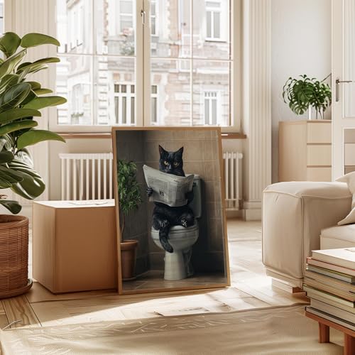 Image of Cat Black on Toilet Wood Framed Wall Art Print Poster, Dog Bathroom Humor Decor Posters Prints for Restroom Home Picture Painting Artwork Gallery 7 (Cat Black, 11 inchW x 14 inchL, Wood Frame)