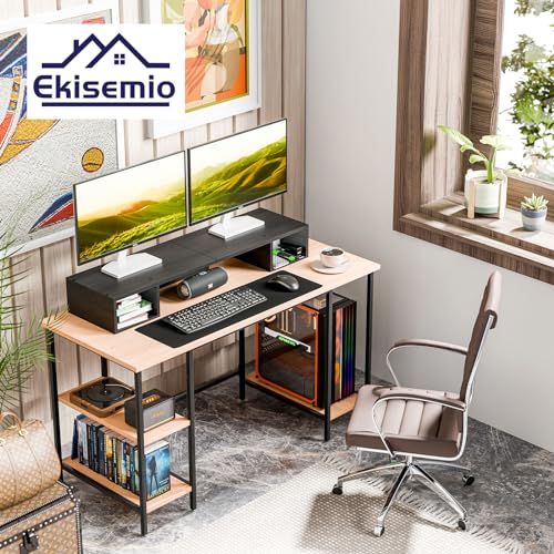 Ekisemio Dual Monitor Stand Riser, Computer Office Desk Organizer for 2 Monitors, Wooden Desktop Storage Stand for Laptop, iMac, Printer, TV, Black