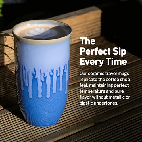 Image of NOVA CERAMICS Ceramic Tumbler- Blue Ceramic Mug - Microwave & Dishwasher Safe Coffee White & Orange Tumbler - Leak-Proof Coffee Travel Mug - 16oz - Neptune