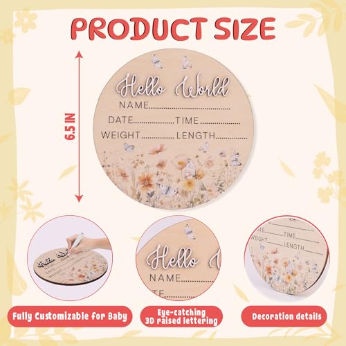 Image of Hello World Wooden Baby Birth Announcement Sign - Floral Butterfly Name Plaque with 3D Lettering - Baby Stats Board for Newborn Photo Prop or Nursery Decor
