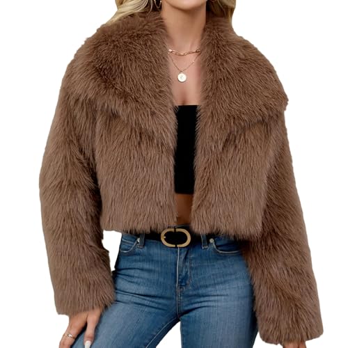 Kelisdi Abrigo de invierno corto de felpa para mujer, solapa gruesa, manga larga, mullido, cálido, chaqueta sintética para boda