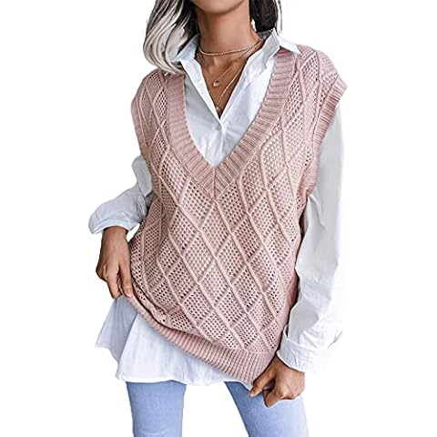 Zukmuk Women’s V-Neck Knitted Vest Ladies Casual Hollow Slim Fit Sleeveless Knitwear for Autumn (Light Pink, M) Cover