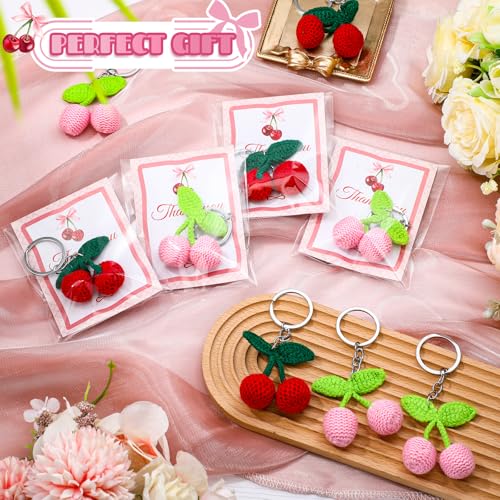 Image of XunYee Cherry Keychains with Thank You Cards Bulk Birthday Baby Shower Party Favors Small Business Gifts Decoration for Women