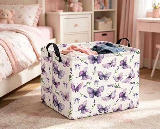 Image of Rectangular Baby Kids Storage Basket for Home Kitchen Girls Cute Toy Storage Bin Organizer Shelf Book Room Decor(Lavender Butterfly)
