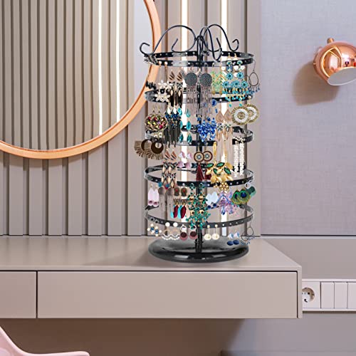 Modowey 5 Tiers Metal Rotating Earring Holder Organizer, Exquisite Jewelry Display Stand Necklace Rack Holder, 220 Holes For Earrings- 14X6.3 Inch (Black) #TOP6