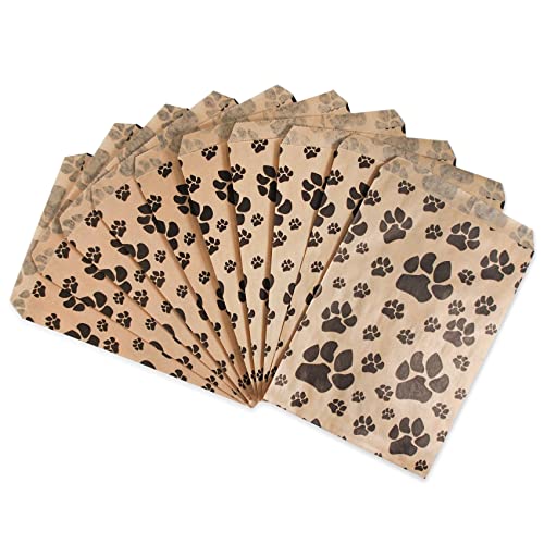 N'icePackaging 100 Reusable Brown Kraft Paper Flat Gift Bags - Paw-Print Pattern, Fold Top Closure, 5" x 7"