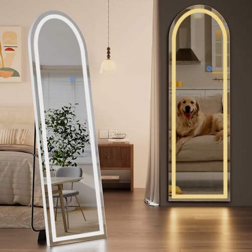 Image of Koonmi LED Arched Full Length Mirror, 63 inchx20 inch Full Length Mirror with Lights, Lighted Floor Mirrors with Stand, Full Body Mirrors with Dimming & 3 Color Lightingfor Living Room Cloakroom, White