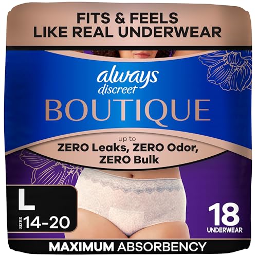 Always Discreet Boutique Incontinence and Postpartum Underwear for Women, Maximum Protection, Large, Rosy, 18 Count