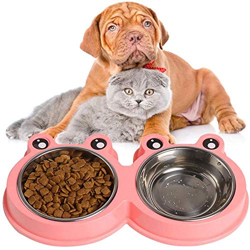 Rapsrk Double Stainless Steel Cat Dog Bowl Durable Pet Bowls with No-Slip Design Resistant Silicone Mat,Cute Modeling Pets Feeder Bowl and Water Bowl for Feeder Little Size Dogs/Cats/Rabbit