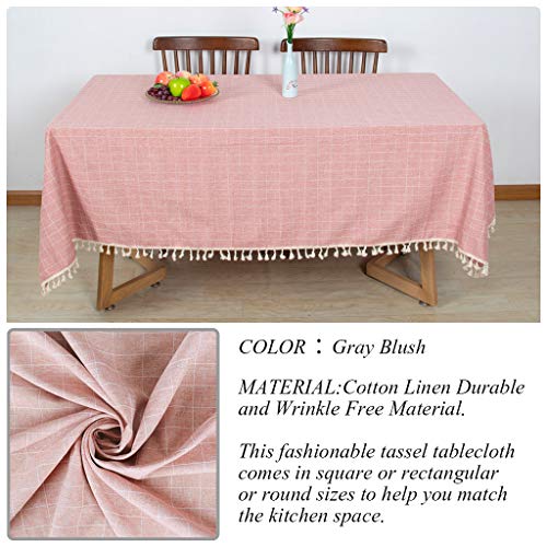 Tassel Tablecloth 55\"x55\" Square Tablecloth Blush Embroidery Checkered Tassel Tablecloth Cotton Linen Wrinkle Free Table Cloth for Kitchen Table Cover for Indoor and Outdoor Decor (55\"x55\", Blush)