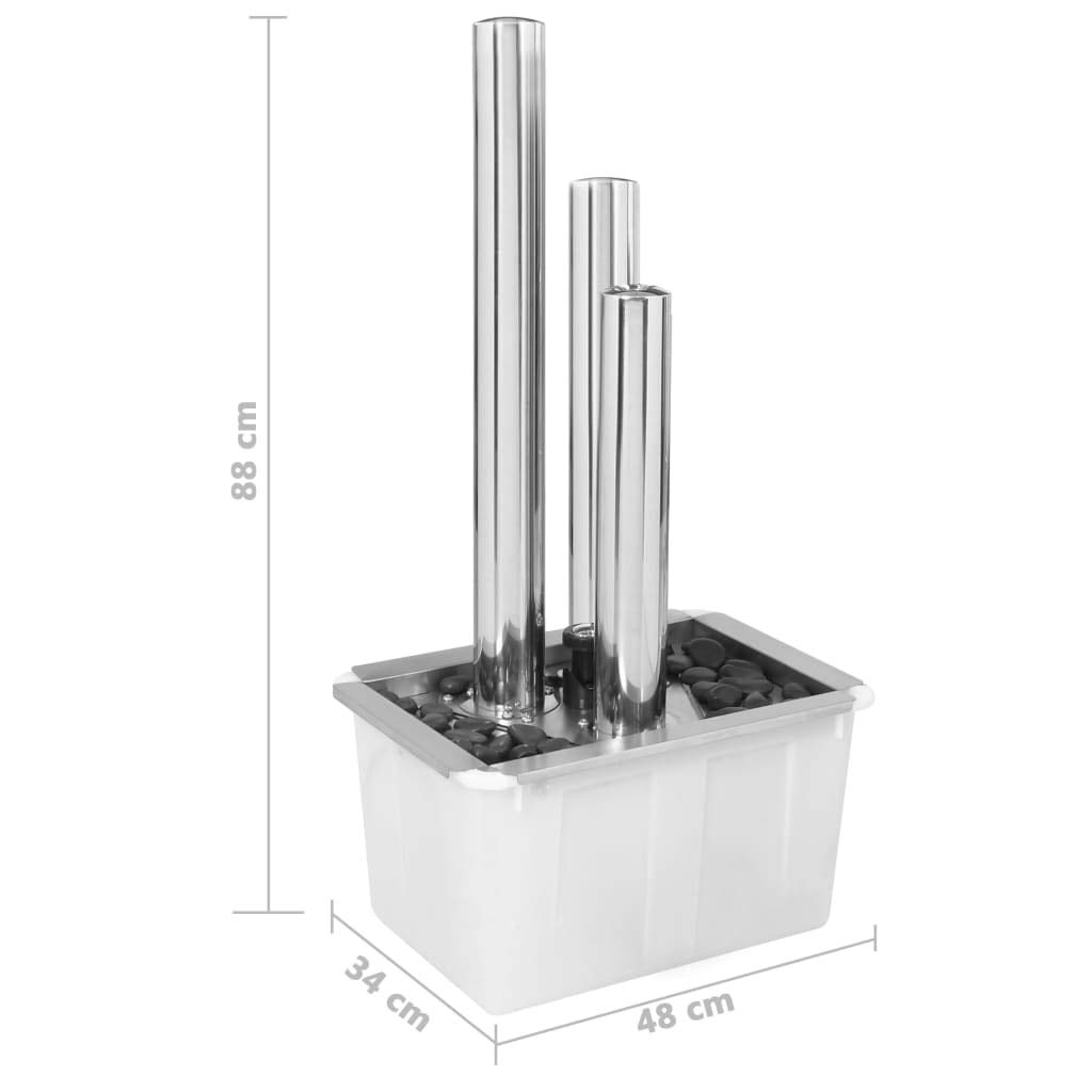 Mangloder Fontana da giardino argentata in acciaio inox, 48 x 34 x 88 cm, con illuminazione a LED, pompa e vasca da 50 l, gioco d'acqua con cascata, per giardino, terrazza, balcone, interni ed esterni