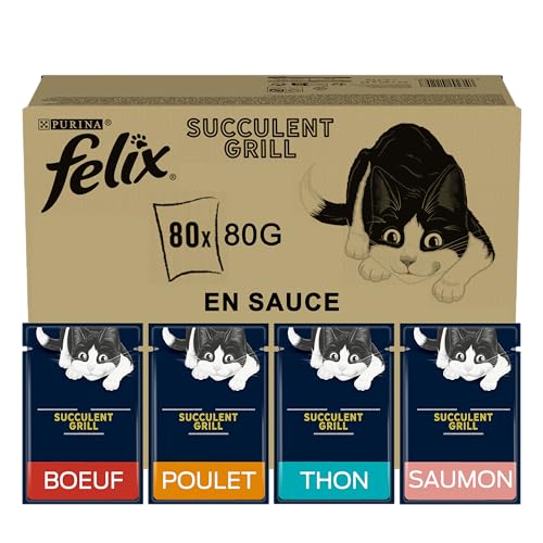 Felix | Succulent Grill | Aliment Complet pour Chat Adulte| Sélection Mixte : Au Poulet, Au Bœuf, Au Saumon, Au Thon| en Sauce | Portion Individuelle | 80x80g