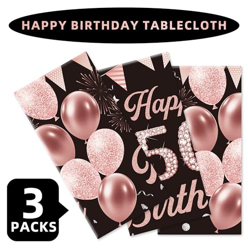 Image of Labeol 3 Pack 50th Birthday Decorations for Women - Happy 50th Birthday Tablecloth, Black and Rose Gold 50th Birthday Table Cover, 54 x 108 Inch Rectangular Disposable Party Supplies