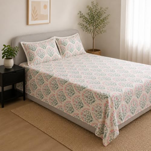 Image of Linen Home Cotton Percale Flat Bedsheet Set King Size Sequence Pink