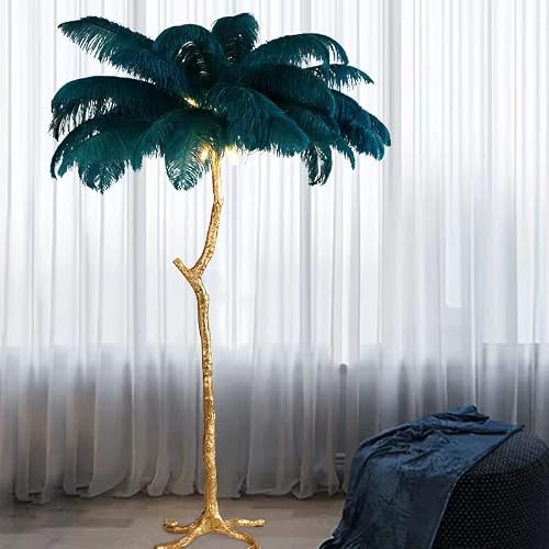 Cephok Nordic Simple Ostrich Feather Golden Floor Lamp Romantic Study Bedroom Bedside Reading Floor Lamp Ostrich Golden Feather Floor Lamp (36 Feathers, Blue) #TOP2