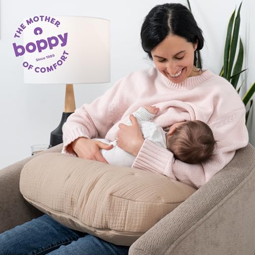Image of Boppy Nursing Pillow, Cotton Muslin Ergonomic Breastfeeding Support Pillow | Bottle & Breastfeeding Pillow, High Lift & Firm Support, Water-Resistant, Washable Cotton Muslin Cover - Oatmeal