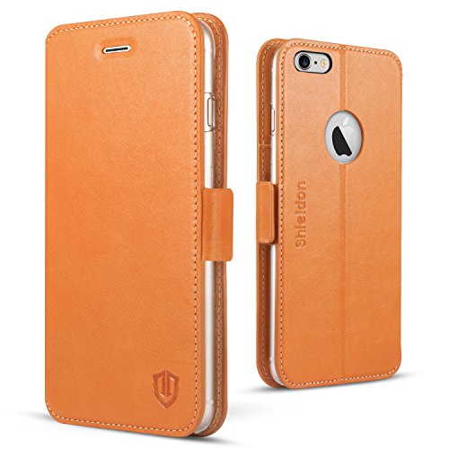 iPhone 6S Plus Case, iPhone 6 Plus Case, SHIELDON iPhone 6S Plus Genuine Leather Case Folio Wallet Case [Kickstand] [Card Slots] [Magnetic Closure] Flip Book Cover Case Compatible iPhone 6 Plus, Brown