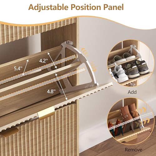 Image of HUANLEGO Shoe Cabinet Storage for Entryway with 2 Flip Drawers, Fluted Shoe Cabinet with Open Storage, Wooden Hidden Shoe Rack Freestanding Narrow Slim Shoe Organizer for Hallway, Entrance