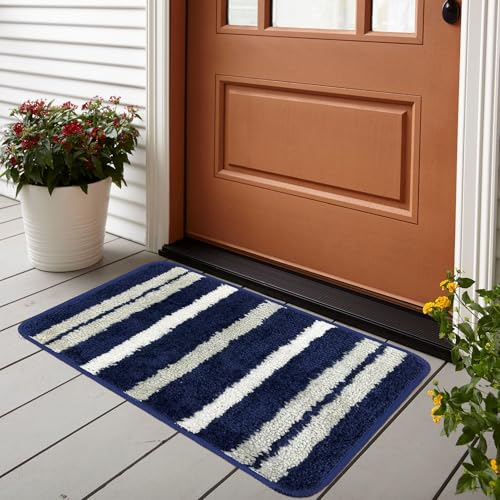 BSB HOME Microfiber Striped Bath Mat 35 x 50 cm, Soft Super Absorbent Anti-Skid Non-Slip Doormat for Bathroom, Shower & Washroom, Quick Drying Washable Mat, Regular Size, Pack of 1 - White & Blue Deal