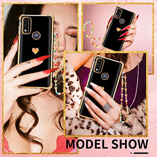 Shorogyt (3In1) Heart Case For Motorola Moto G Pure 2021 6.5 Inch Women Cute Aesthetic Love Hearts Pattern Girls Black Gold Luxury Girly Design Phone Cases Cover+Screen+Chain For G Pure 2021 #TOP3