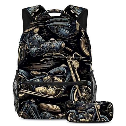 Sac à dos vintage moto avec trousse ensemble scolaire large pour étudiants