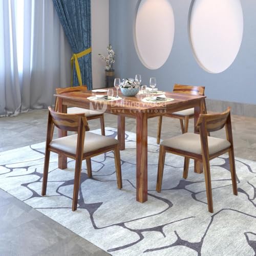 Image of DRIFTINGWOOD Liana Dining Table 4 Seater | Four Seater Dinning Table with 4 Chairs with Beige Cushions for Home | Rosewood, Natural Finish Self Assembly(DIY)