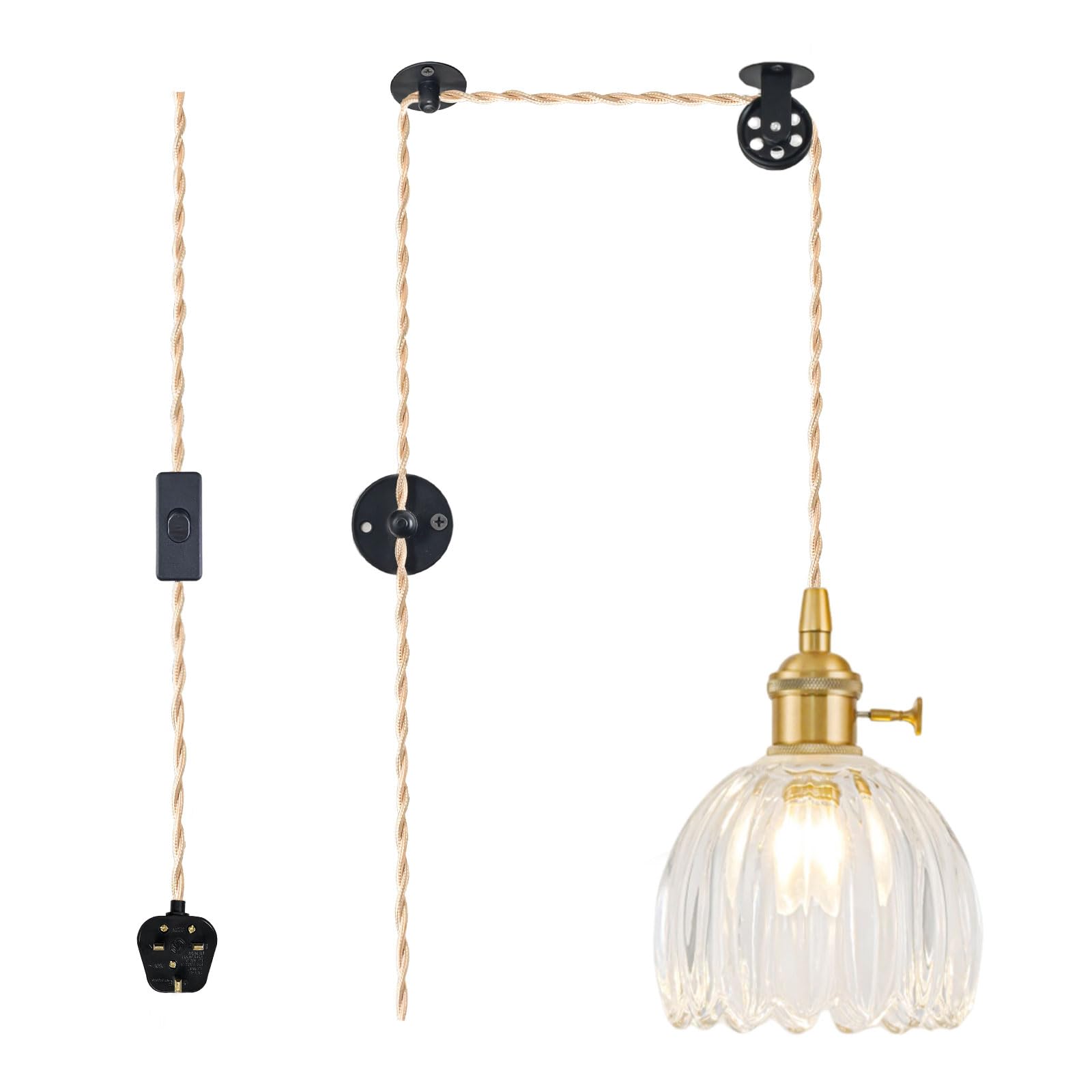 Plug in Pendant Light Fixtures, Hanging Pendant Lights Vintage Glass Pendant Lighting, Mini Transparent Tulip Light Pendant, Pendant Lights for Kitchen, Bedroom, Dining Room, Light Bulb Not Included