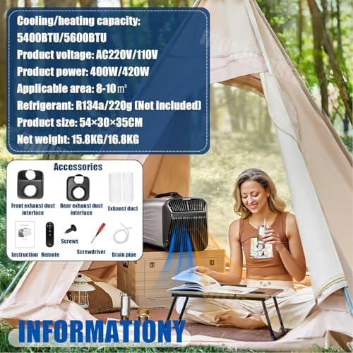 5400/5600 BTU RV Air Conditioner - 1500W Fast Cooling & Heating, 110V Portable Unit for Truck, Caravan, Tent - Remote/App Control, Silver