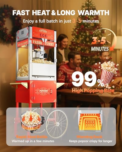 Image of 22 oz Commercial Popcorn Machine with Cart, Large Popcorn Machine Makes Up to 90 Cups, Movie Theater Pop Corn Machine with Easy-Rolling wheels & Stainless-Steel Kettle, Red