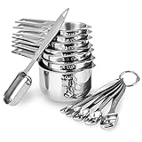 13-piece Measuring Cups and Spoons Set, 18/8 Stainless Steel Heavy Duty Ergonomic Handle with Ring Connector, Silver