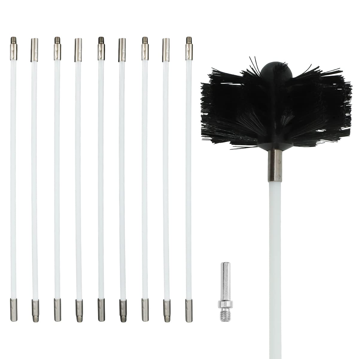 Lvjkes Schoorsteenreiniger, 24-delige buisreinigingsset met 18 stangen van 41 cm, 2 borstelkoppen 20 cm, 2 stuks 4,5 cm zeskantstang, borstel met houten handvat 38 cm